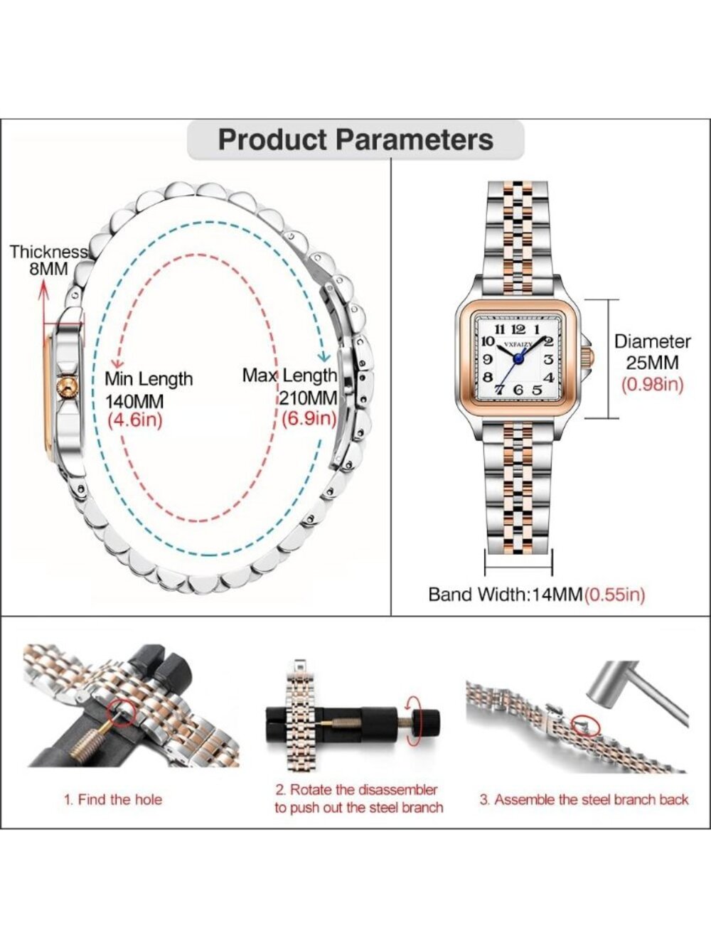 Women's Silver-Rose Gold Black Solid Stainless Steel Band Dainty Square Watch - Picture 6 of 6